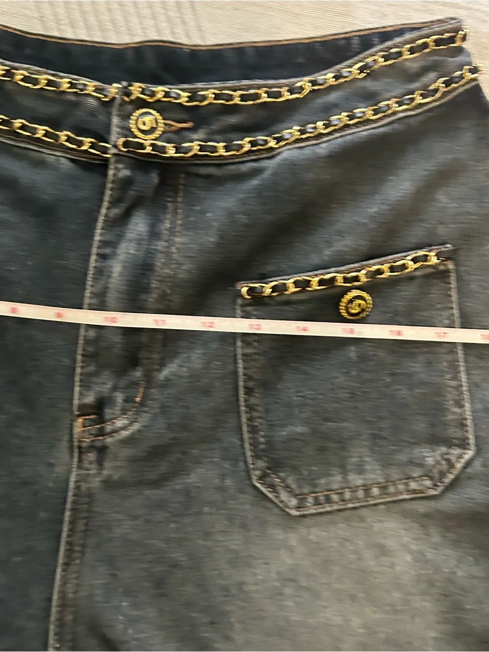 CHANEL Dark Blue Denim Jeans with Gold Chain Trim
